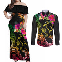 Hawaii Turtle Day Couples Matching Off Shoulder Maxi Dress and Long Sleeve Button Shirt Polynesian Tattoo and Hibiscus Flowers