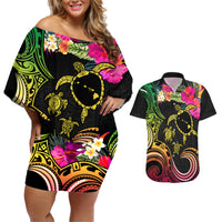 Hawaii Turtle Day Couples Matching Off Shoulder Short Dress and Hawaiian Shirt Polynesian Tattoo and Hibiscus Flowers
