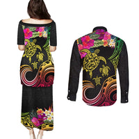 Hawaii Turtle Day Couples Matching Puletasi and Long Sleeve Button Shirt Polynesian Tattoo and Hibiscus Flowers LT03 - Polynesian Pride
