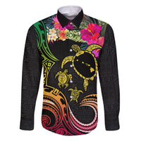 Hawaii Turtle Day Family Matching Long Sleeve Bodycon Dress and Hawaiian Shirt Polynesian Tattoo and Hibiscus Flowers