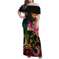 Hawaii Turtle Day Family Matching Off Shoulder Maxi Dress and Hawaiian Shirt Polynesian Tattoo and Hibiscus Flowers