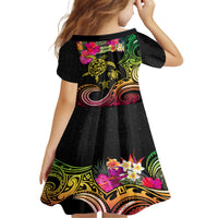 Hawaii Turtle Day Kid Short Sleeve Dress Polynesian Tattoo and Hibiscus Flowers LT03 - Polynesian Pride