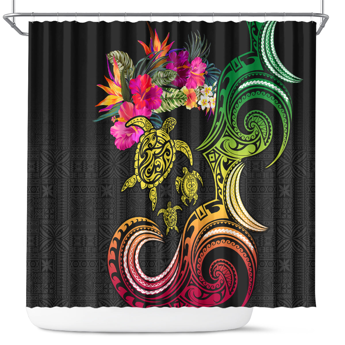Hawaii Turtle Day Shower Curtain Polynesian Tattoo and Hibiscus Flowers