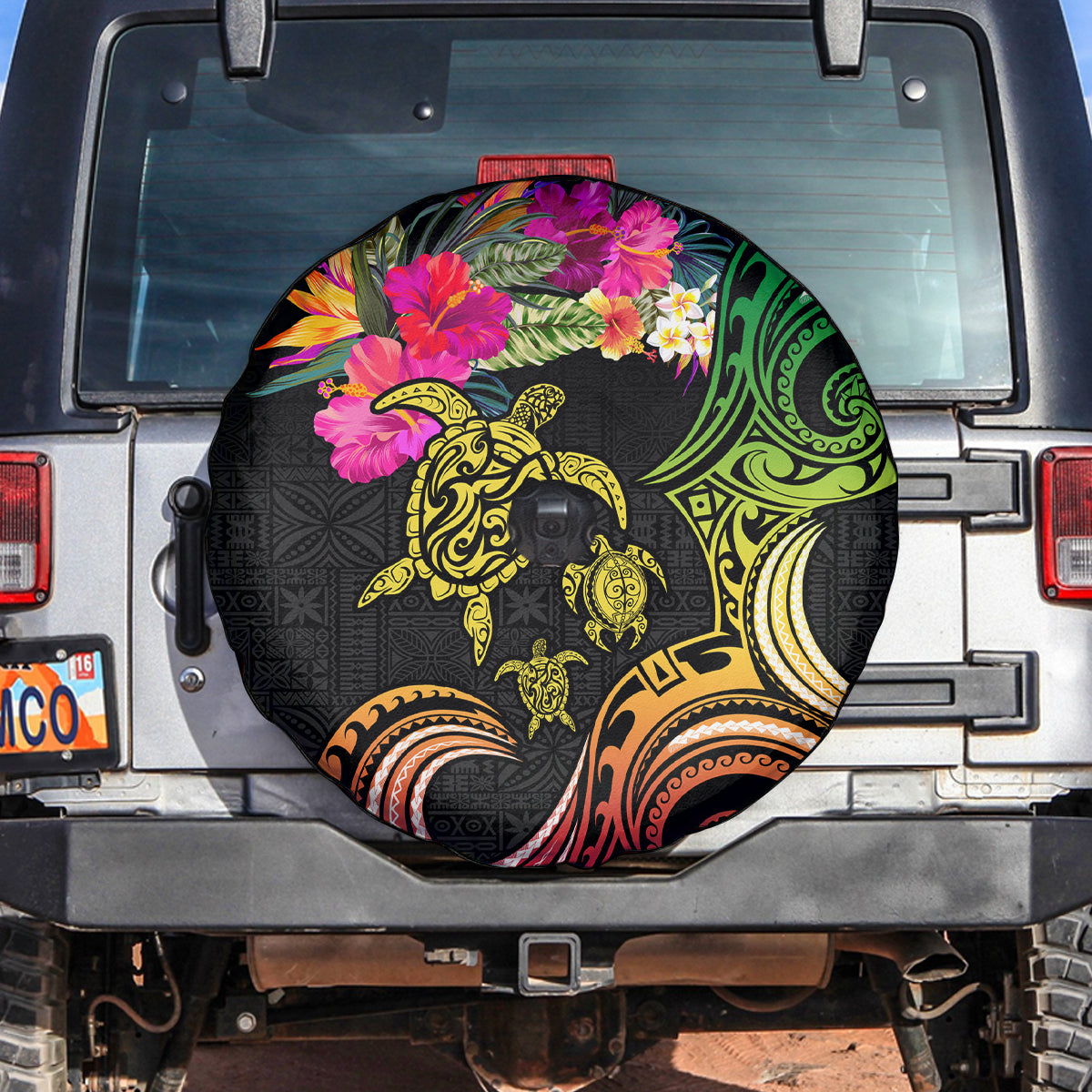 Hawaii Turtle Day Spare Tire Cover Polynesian Tattoo and Hibiscus Flowers