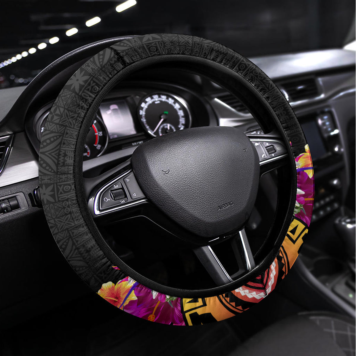 Hawaii Turtle Day Steering Wheel Cover Polynesian Tattoo and Hibiscus Flowers