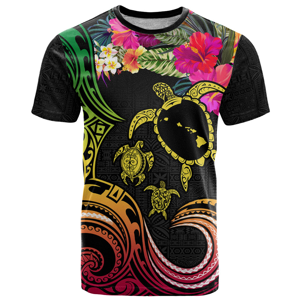 Hawaii Turtle Day T Shirt Polynesian Tattoo and Hibiscus Flowers