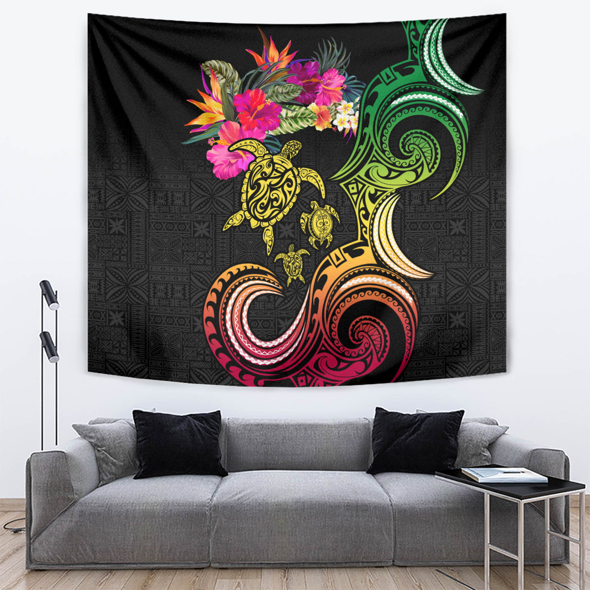 Hawaii Turtle Day Tapestry Polynesian Tattoo and Hibiscus Flowers