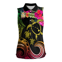 Hawaii Turtle Day Women Sleeveless Polo Shirt Polynesian Tattoo and Hibiscus Flowers