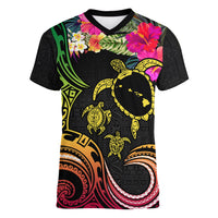 Hawaii Turtle Day Women V-Neck T-Shirt Polynesian Tattoo and Hibiscus Flowers