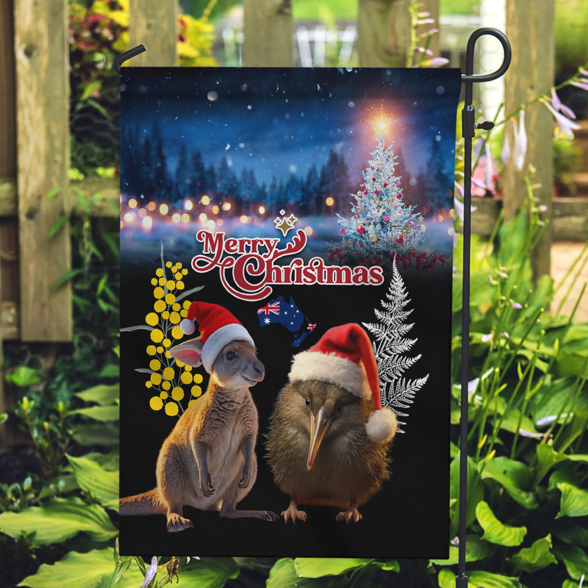 New Zealand and Australia Merry Christmas Garden Flag Kiwi Bird and Kangaroo Xmas Vibe