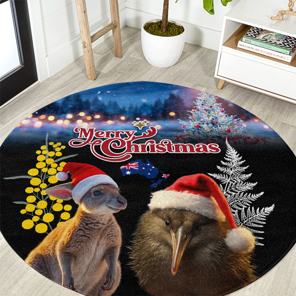 New Zealand and Australia Merry Christmas Round Carpet Kiwi Bird and Kangaroo Xmas Vibe