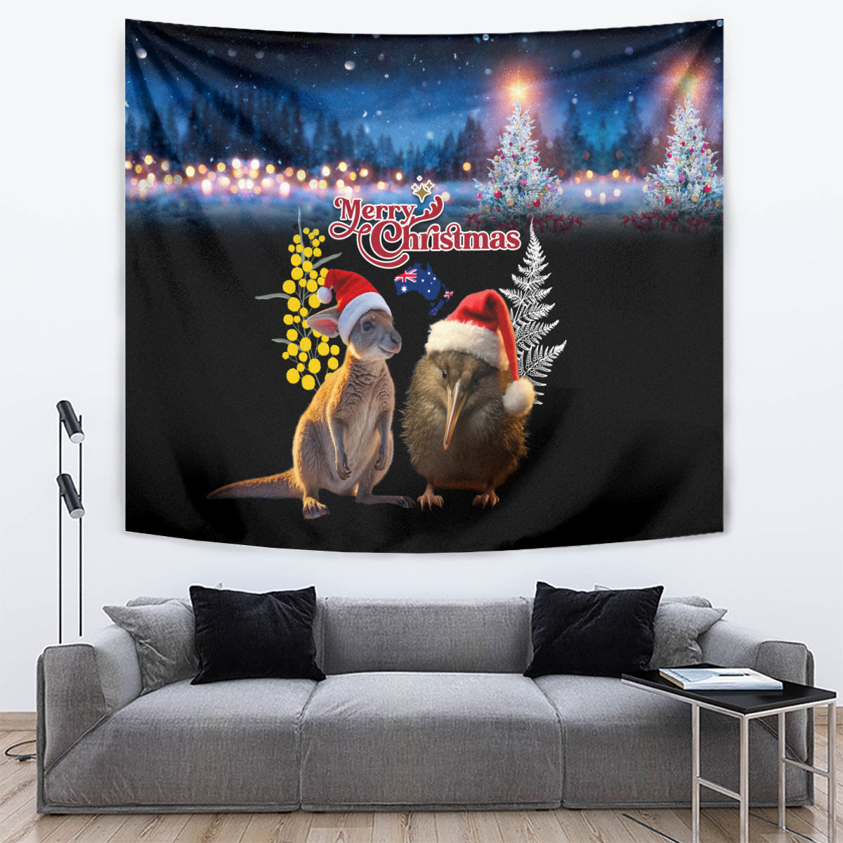 New Zealand and Australia Merry Christmas Tapestry Kiwi Bird and Kangaroo Xmas Vibe