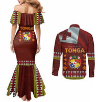 Tonga Independence Day Couples Matching Mermaid Dress and Long Sleeve Button Shirt National Flag and Emblem with Ngatu Art Pattern