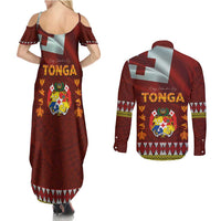 Tonga Independence Day Couples Matching Summer Maxi Dress and Long Sleeve Button Shirt National Flag and Emblem with Ngatu Art Pattern
