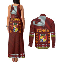 Tonga Independence Day Couples Matching Tank Maxi Dress and Long Sleeve Button Shirt National Flag and Emblem with Ngatu Art Pattern