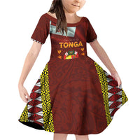 Tonga Independence Day Family Matching Off Shoulder Short Dress and Hawaiian Shirt National Flag and Emblem with Ngatu Art Pattern