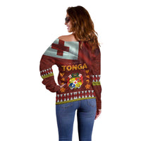 Tonga Independence Day Off Shoulder Sweater National Flag and Emblem with Ngatu Art Pattern