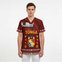 Tonga Independence Day Scrub Top National Flag and Emblem with Ngatu Art Pattern - Polynesian Pride