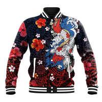 Hawaiian and Japanese Together Baseball Jacket Hibiscus and Koi Fish Polynesian Pattern Colorful Style