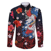 Hawaiian and Japanese Together Family Matching Off Shoulder Short Dress and Hawaiian Shirt Hibiscus and Koi Fish Polynesian Pattern Colorful Style