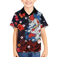Hawaiian and Japanese Together Family Matching Off Shoulder Short Dress and Hawaiian Shirt Hibiscus and Koi Fish Polynesian Pattern Colorful Style