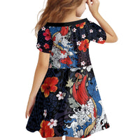 Hawaiian and Japanese Together Kid Short Sleeve Dress Hibiscus and Koi Fish Polynesian Pattern Colorful Style
