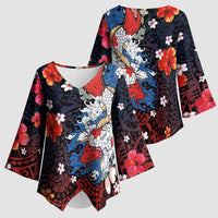 Hawaiian and Japanese Together Kimono Sleeve Blouse Hibiscus and Koi Fish Polynesian Pattern Colorful Style - Polynesian Pride