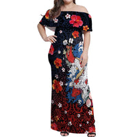 Hawaiian and Japanese Together Off Shoulder Maxi Dress Hibiscus and Koi Fish Polynesian Pattern Colorful Style