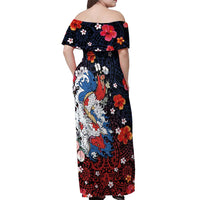 Hawaiian and Japanese Together Off Shoulder Maxi Dress Hibiscus and Koi Fish Polynesian Pattern Colorful Style