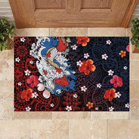 Hawaiian and Japanese Together Rubber Doormat Hibiscus and Koi Fish Polynesian Pattern Colorful Style