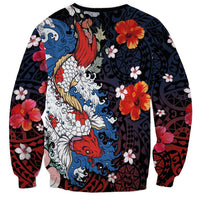 Hawaiian and Japanese Together Sweatshirt Hibiscus and Koi Fish Polynesian Pattern Colorful Style