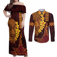 Hawaii Volcano Couples Matching Off Shoulder Maxi Dress and Long Sleeve Button Shirt Polynesian and Kakau Pattern