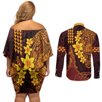 Hawaii Volcano Couples Matching Off Shoulder Short Dress and Long Sleeve Button Shirt Polynesian and Kakau Pattern