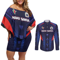 Custom Rugby Samoa Couples Matching Off Shoulder Short Dress and Long Sleeve Button Shirt Siva Tau Spirit Sporty Vibes - Polynesian Pride