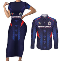 Custom Rugby Samoa Couples Matching Short Sleeve Bodycon Dress and Long Sleeve Button Shirt Siva Tau Spirit Sporty Vibes - Polynesian Pride