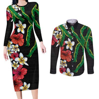 Hawaiian Tropical Flowers and Maile Pikake Couples Matching Long Sleeve Bodycon Dress and Long Sleeve Button Shirt Polynesian Tribal Pattern Black Color LT03 Black - Polynesian Pride