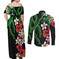 Hawaiian Tropical Flowers and Maile Pikake Couples Matching Off Shoulder Maxi Dress and Long Sleeve Button Shirt Polynesian Tribal Pattern Black Color LT03 - Polynesian Pride