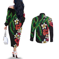 Hawaiian Tropical Flowers and Maile Pikake Couples Matching Off The Shoulder Long Sleeve Dress and Long Sleeve Button Shirt Polynesian Tribal Pattern Black Color LT03 - Polynesian Pride