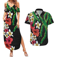 Hawaiian Tropical Flowers and Maile Pikake Couples Matching Summer Maxi Dress and Hawaiian Shirt Polynesian Tribal Pattern Black Color LT03 Black - Polynesian Pride