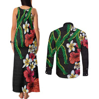 Hawaiian Tropical Flowers and Maile Pikake Couples Matching Tank Maxi Dress and Long Sleeve Button Shirt Polynesian Tribal Pattern Black Color LT03 - Polynesian Pride