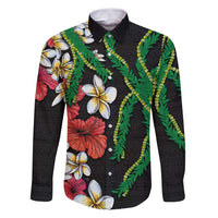 Hawaiian Tropical Flowers and Maile Pikake Family Matching Puletasi and Hawaiian Shirt Polynesian Tribal Pattern Black Color