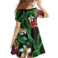 Hawaiian Tropical Flowers and Maile Pikake Family Matching Short Sleeve Bodycon Dress and Hawaiian Shirt Polynesian Tribal Pattern Black Color LT03 - Polynesian Pride