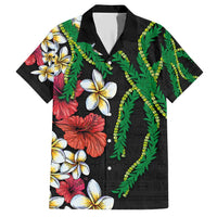 Hawaiian Tropical Flowers and Maile Pikake Family Matching Short Sleeve Bodycon Dress and Hawaiian Shirt Polynesian Tribal Pattern Black Color LT03 Dad's Shirt - Short Sleeve Black - Polynesian Pride