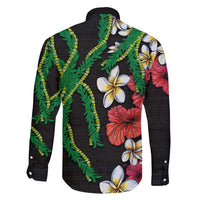 Hawaiian Tropical Flowers and Maile Pikake Family Matching Short Sleeve Bodycon Dress and Hawaiian Shirt Polynesian Tribal Pattern Black Color LT03 - Polynesian Pride