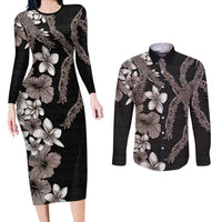 Hawaiian Tropical Flowers and Maile Pikake Couples Matching Long Sleeve Bodycon Dress and Long Sleeve Button Shirt Polynesian Tribal Pattern Grayscale Mode LT03 Black - Polynesian Pride