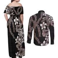 Hawaiian Tropical Flowers and Maile Pikake Couples Matching Off Shoulder Maxi Dress and Long Sleeve Button Shirt Polynesian Tribal Pattern Grayscale Mode LT03 - Polynesian Pride