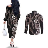 Hawaiian Tropical Flowers and Maile Pikake Couples Matching Off The Shoulder Long Sleeve Dress and Long Sleeve Button Shirt Polynesian Tribal Pattern Grayscale Mode LT03 - Polynesian Pride
