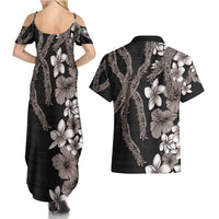 Hawaiian Tropical Flowers and Maile Pikake Couples Matching Summer Maxi Dress and Hawaiian Shirt Polynesian Tribal Pattern Grayscale Mode LT03 - Polynesian Pride