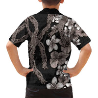 Hawaiian Tropical Flowers and Maile Pikake Family Matching Short Sleeve Bodycon Dress and Hawaiian Shirt Polynesian Tribal Pattern Grayscale Mode LT03 - Polynesian Pride