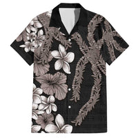 Hawaiian Tropical Flowers and Maile Pikake Family Matching Short Sleeve Bodycon Dress and Hawaiian Shirt Polynesian Tribal Pattern Grayscale Mode LT03 Dad's Shirt - Short Sleeve Black - Polynesian Pride